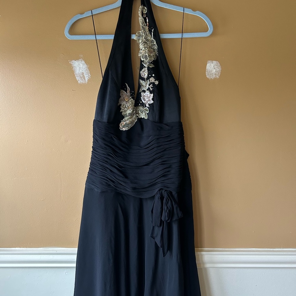 Papell Boutique Black Backless Dress with Gold Floral Detail